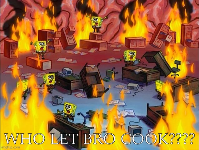 spongebob fire | WHO LET BRO COOK???? | image tagged in spongebob fire | made w/ Imgflip meme maker
