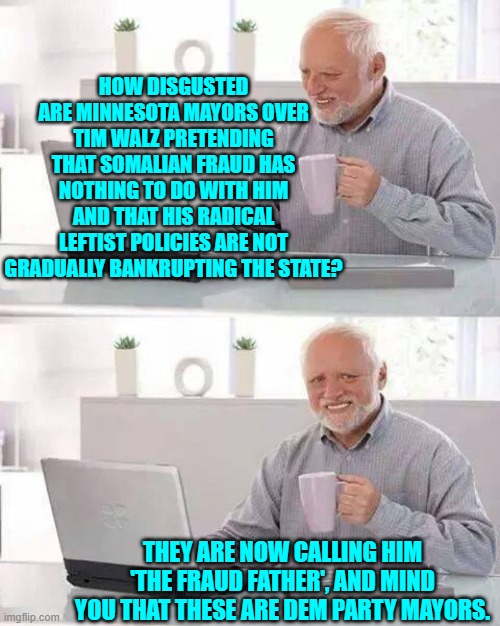 Ouch!  Now that's going to leave a lasting political mark. | HOW DISGUSTED ARE MINNESOTA MAYORS OVER TIM WALZ PRETENDING THAT SOMALIAN FRAUD HAS NOTHING TO DO WITH HIM AND THAT HIS RADICAL LEFTIST POLICIES ARE NOT GRADUALLY BANKRUPTING THE STATE? THEY ARE NOW CALLING HIM 'THE FRAUD FATHER', AND MIND YOU THAT THESE ARE DEM PARTY MAYORS. | image tagged in hide the pain harold | made w/ Imgflip meme maker