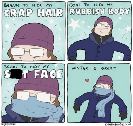 image tagged in beanie,coat,scarf,hide,winter,great | made w/ Imgflip meme maker