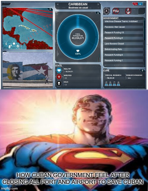 greenland is not the only one who survived the pandemic | HOW CUBAN GOVERNMENT FEEL AFTER CLOSING ALL PORT AND AIRPORT TO SAVE CUBAN | image tagged in superman starman meme,plague inc,cuba,funny,pandemic,greenland | made w/ Imgflip meme maker