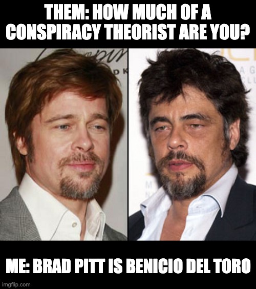 Brad Del Toro & Benicio Pitt | THEM: HOW MUCH OF A CONSPIRACY THEORIST ARE YOU? ME: BRAD PITT IS BENICIO DEL TORO | image tagged in brad pitt,benicio del toro | made w/ Imgflip meme maker