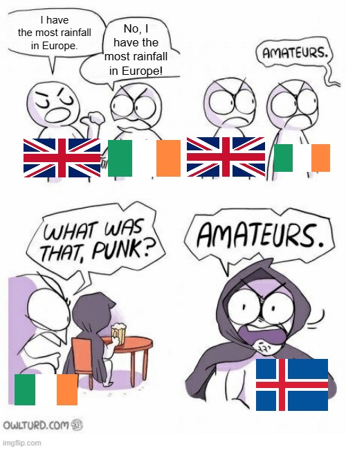 true fact btw | I have the most rainfall in Europe. No, I have the most rainfall in Europe! | image tagged in amateurs | made w/ Imgflip meme maker