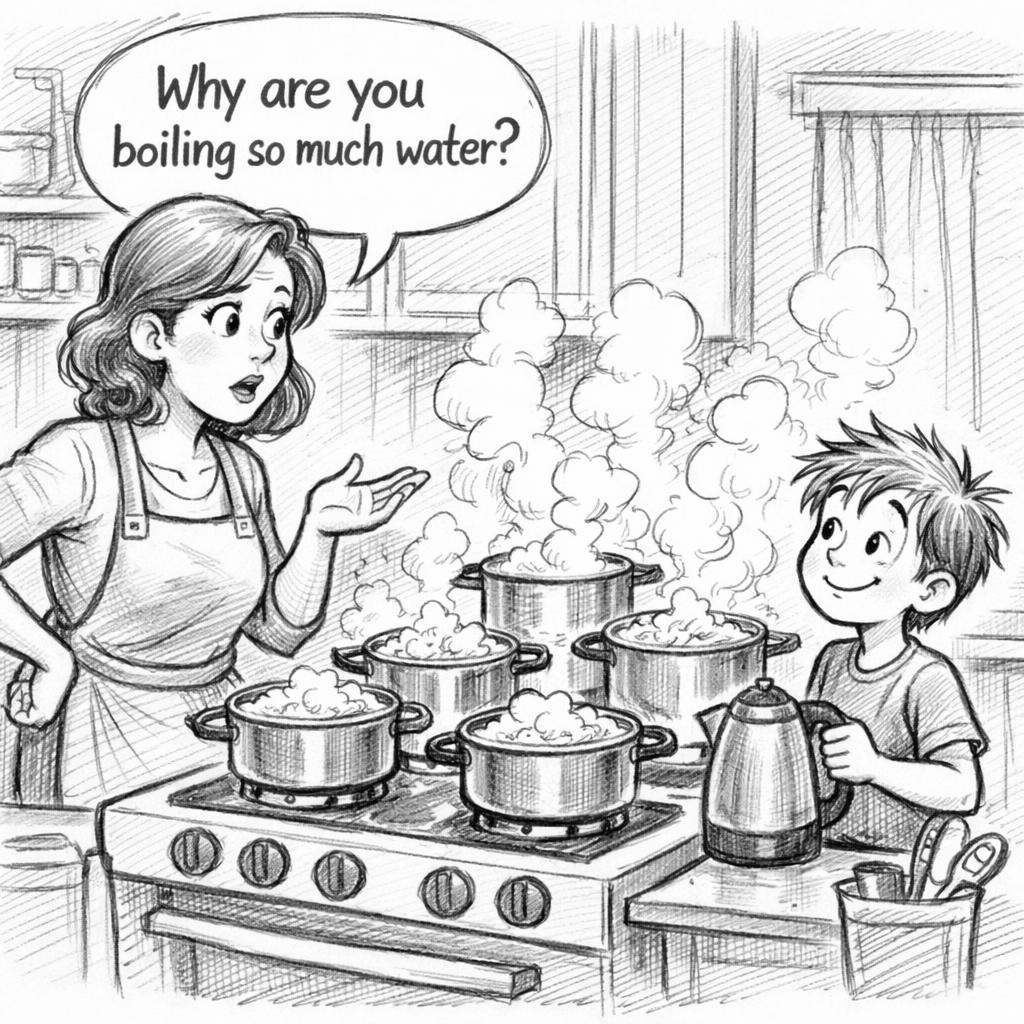 Mum is asking son why you boiling so much water Blank Meme Template