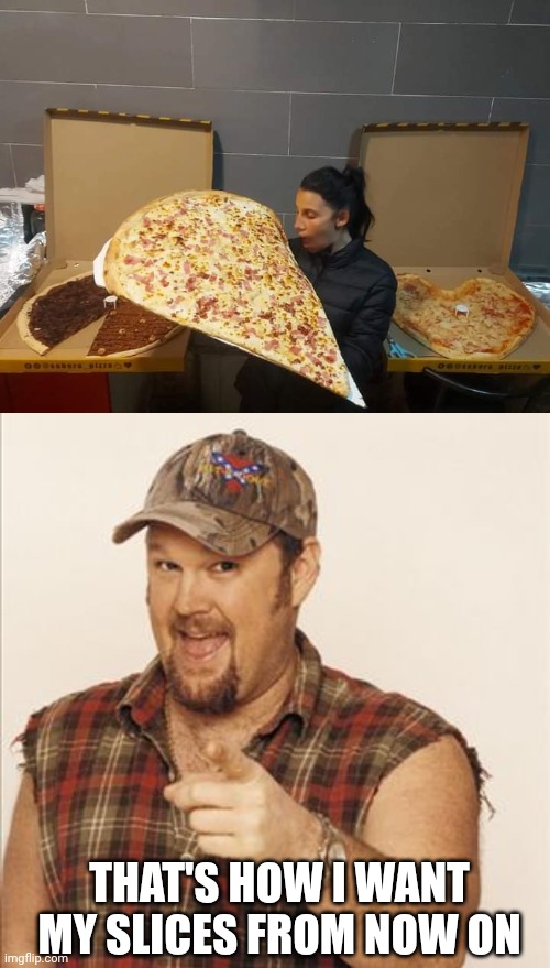 THE PERFECT SLICE | THAT'S HOW I WANT MY SLICES FROM NOW ON | image tagged in larry the cable guy,pizza,pizza time | made w/ Imgflip meme maker