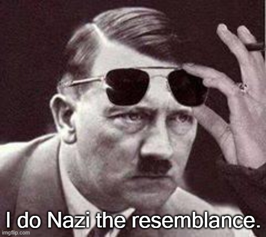 hitler sunglasses | I do Nazi the resemblance. | image tagged in hitler sunglasses | made w/ Imgflip meme maker