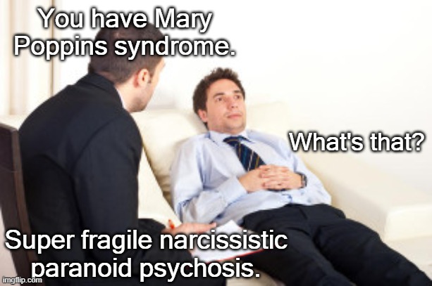 psychiatrist | You have Mary Poppins syndrome. What's that? Super fragile narcissistic paranoid psychosis. | image tagged in psychiatrist,mary poppins,bad pun,mental health,syndrome | made w/ Imgflip meme maker