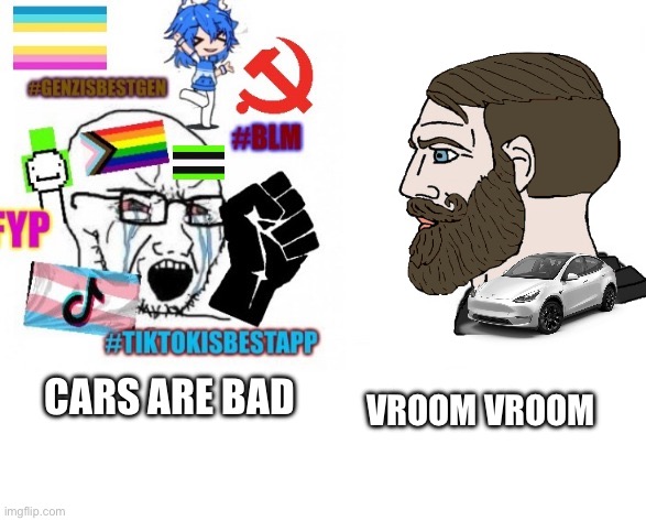 In conclusion, Tesla are good | VROOM VROOM; CARS ARE BAD | image tagged in cars,tesla,virgin vs chad,memes | made w/ Imgflip meme maker