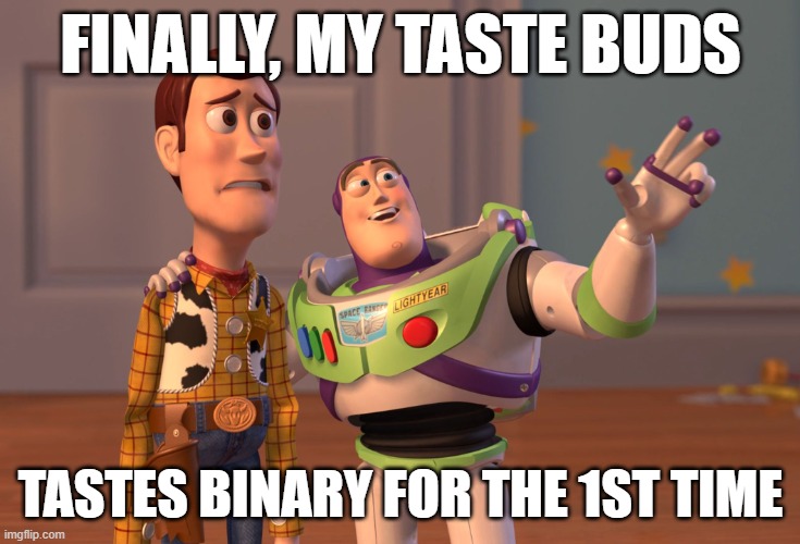 FINALLY, MY TASTE BUDS TASTES BINARY FOR THE 1ST TIME | image tagged in memes,x x everywhere | made w/ Imgflip meme maker