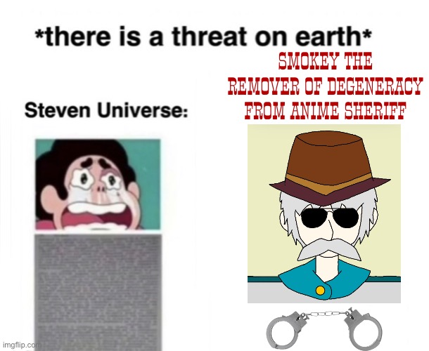 The character on the right is not based off Mclooy Rudboys appearance | SMOKEY THE REMOVER OF DEGENERACY FROM ANIME SHERIFF | image tagged in there is a threat on earth,rodfas,sheriff,anime,remover of degeneracy from anime sheriff,smokey | made w/ Imgflip meme maker