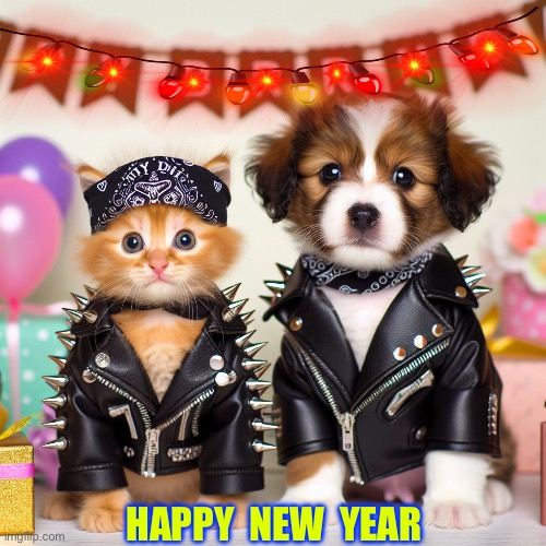 HAPPY METAL NEW YEAR !!!  \m/  \m/ | HAPPY  NEW  YEAR | image tagged in cute heavy metal kitten and puppy greeting you a happy birthday | made w/ Imgflip meme maker