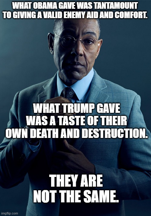 WHAT OBAMA GAVE WAS TANTAMOUNT TO GIVING A VALID ENEMY AID AND COMFORT. WHAT TRUMP GAVE WAS A TASTE OF THEIR OWN DEATH AND DESTRUCTION. THEY | image tagged in gus fring we are not the same | made w/ Imgflip meme maker