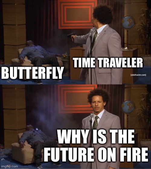 WHY IS THE FUTURE ON FIRE | TIME TRAVELER; BUTTERFLY; WHY IS THE FUTURE ON FIRE | image tagged in memes,who killed hannibal,time travel,butterfly,the future world if,back to the future | made w/ Imgflip meme maker
