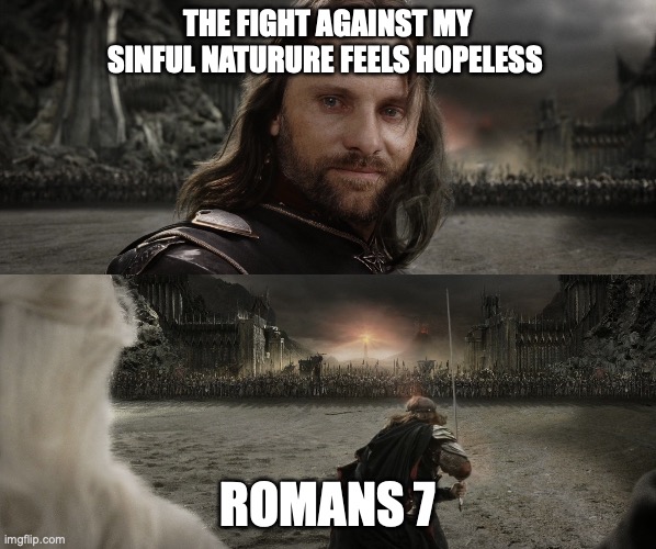 Aragorn Black Gate for Frodo | THE FIGHT AGAINST MY SINFUL NATURURE FEELS HOPELESS; ROMANS 7 | image tagged in aragorn black gate for frodo | made w/ Imgflip meme maker