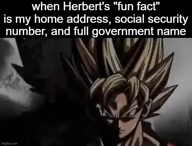 hawk tuag | when Herbert's "fun fact" is my home address, social security number, and full government name | image tagged in goku staring | made w/ Imgflip meme maker