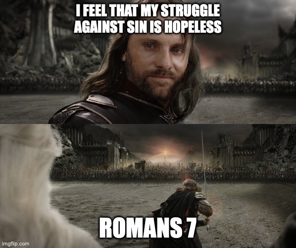 Aragorn Black Gate for Frodo | I FEEL THAT MY STRUGGLE AGAINST SIN IS HOPELESS; ROMANS 7 | image tagged in aragorn black gate for frodo | made w/ Imgflip meme maker