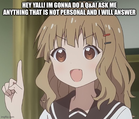 Q and A | HEY YALL! IM GONNA DO A Q&A! ASK ME ANYTHING THAT IS NOT PERSONAL AND I WILL ANSWER | image tagged in the person above me | made w/ Imgflip meme maker