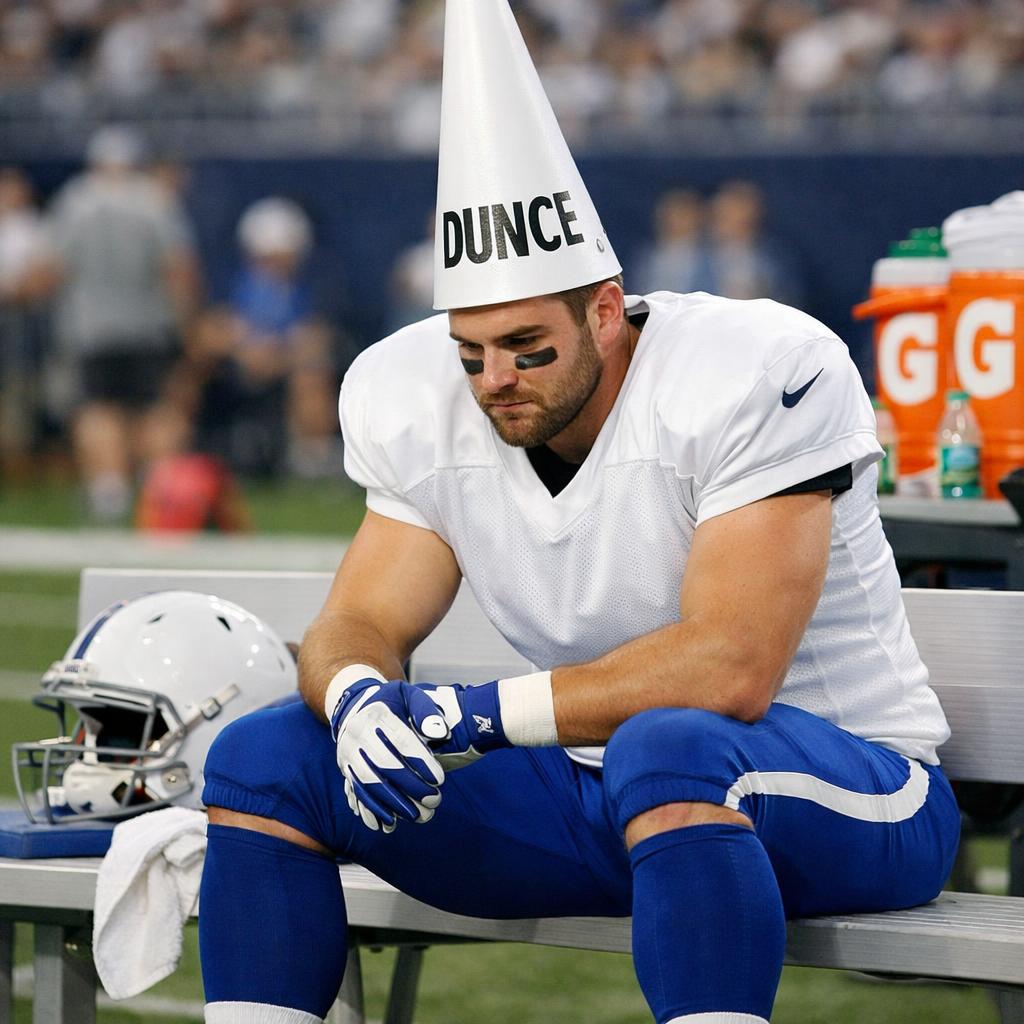 Football player with dunce hat on , white Jersey, blue pants, bl Blank Meme Template