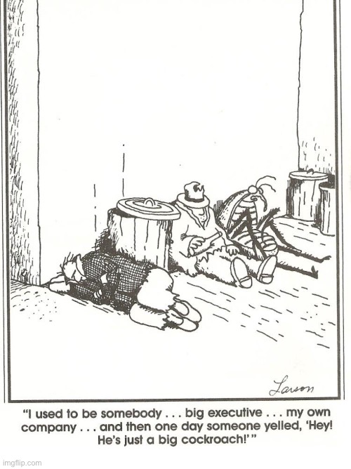 He was exterminated from his position… | image tagged in the far side,comics,cockroach,bums,used to be,realization | made w/ Imgflip meme maker