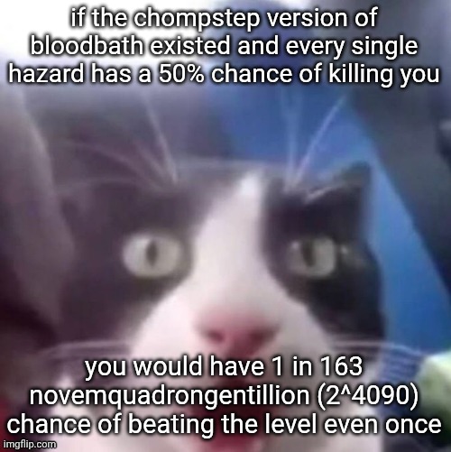 novemquadringentillion* | if the chompstep version of bloodbath existed and every single hazard has a 50% chance of killing you; you would have 1 in 163 novemquadrongentillion (2^4090) chance of beating the level even once | image tagged in cat shocked | made w/ Imgflip meme maker