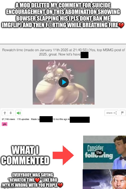 Why? | A MOD DELETED MY COMMENT FOR SUICIDE ENCOURAGEMENT ON THIS ABOMINATION SHOWING BOWSER SLAPPING HIS (PLS DONT BAN ME IMGFLIP) AND THEN F@RTING WHILE BREATHING FIRE💔; WHAT I COMMENTED; EVERYBODY WAS SAYING “REWATCH TIME❤️” LIKE BRO WTH IS WRONG WITH YOU PEOPLE💔 | image tagged in oh god why,but why why would you do that,why can't you just be normal | made w/ Imgflip meme maker
