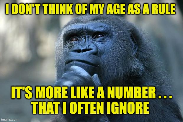 Deep Thoughts | I DON'T THINK OF MY AGE AS A RULE; IT'S MORE LIKE A NUMBER . . .
THAT I OFTEN IGNORE | image tagged in deep thoughts | made w/ Imgflip meme maker
