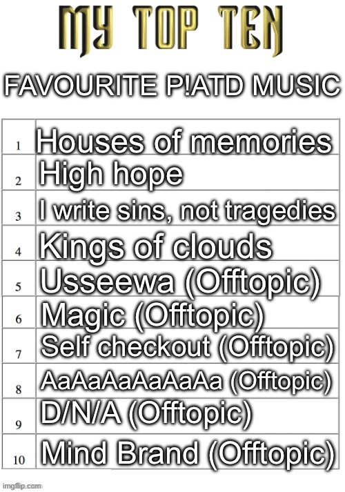 Butcher vanity is shit, listen to all my favourite | FAVOURITE P!ATD MUSIC; Houses of memories; High hope; I write sins, not tragedies; Kings of clouds; Usseewa (Offtopic); Magic (Offtopic); Self checkout (Offtopic); AaAaAaAaAaAa (Offtopic); D/N/A (Offtopic); Mind Brand (Offtopic) | image tagged in top ten list better | made w/ Imgflip meme maker