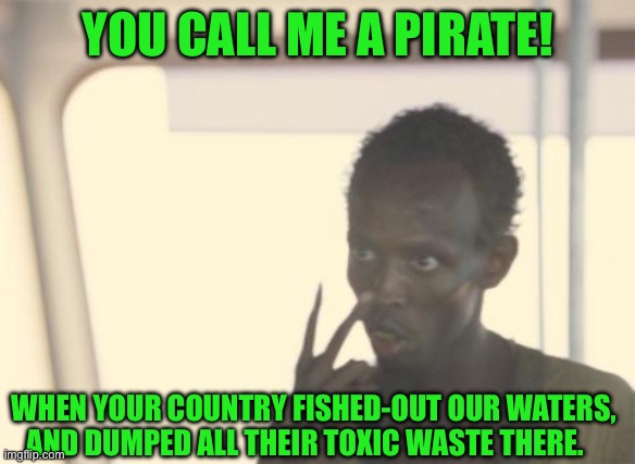 I'm The Captain Now Meme | YOU CALL ME A PIRATE! WHEN YOUR COUNTRY FISHED-OUT OUR WATERS, AND DUMPED ALL THEIR TOXIC WASTE THERE. | image tagged in memes,i'm the captain now | made w/ Imgflip meme maker