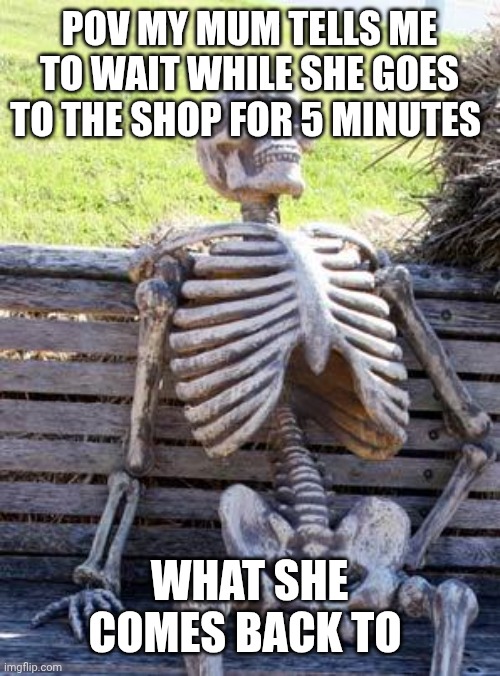 5 minutes more like 5 centuries | POV MY MUM TELLS ME TO WAIT WHILE SHE GOES TO THE SHOP FOR 5 MINUTES; WHAT SHE COMES BACK TO | image tagged in memes,waiting skeleton | made w/ Imgflip meme maker