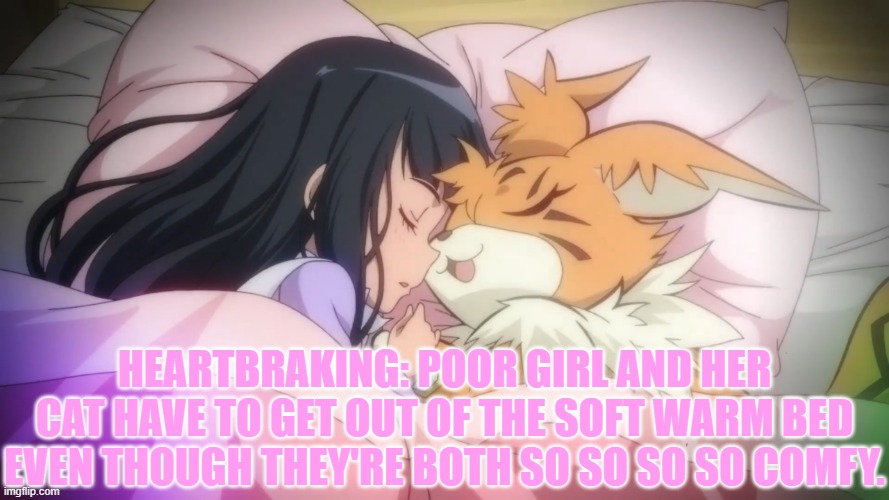 Poor girl and her floofy cat... | HEARTBRAKING: POOR GIRL AND HER CAT HAVE TO GET OUT OF THE SOFT WARM BED EVEN THOUGH THEY'RE BOTH SO SO SO SO COMFY. | image tagged in digimon,digimon adventure tri,digimon adventure,meiko mochizuki,meicoomon,anime | made w/ Imgflip meme maker