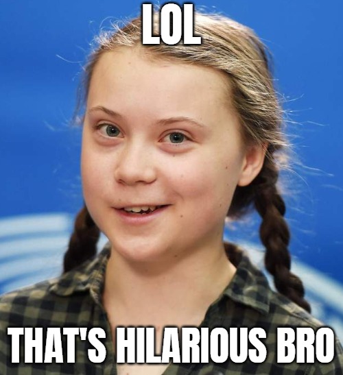 Greta Thunberg | LOL THAT'S HILARIOUS BRO | image tagged in greta thunberg | made w/ Imgflip meme maker