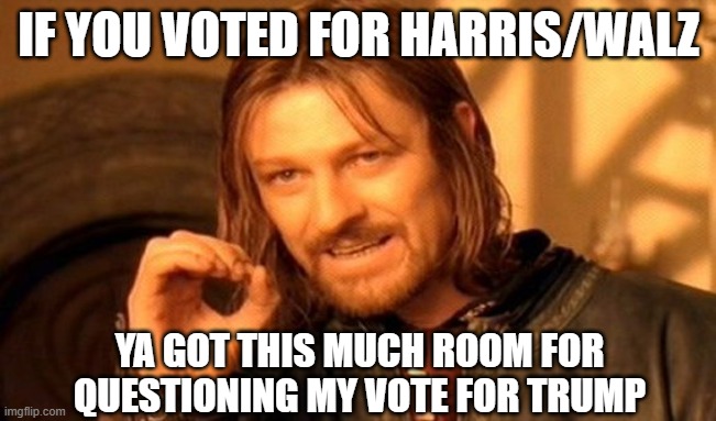 One Does Not Simply Meme | IF YOU VOTED FOR HARRIS/WALZ; YA GOT THIS MUCH ROOM FOR QUESTIONING MY VOTE FOR TRUMP | image tagged in memes,one does not simply | made w/ Imgflip meme maker