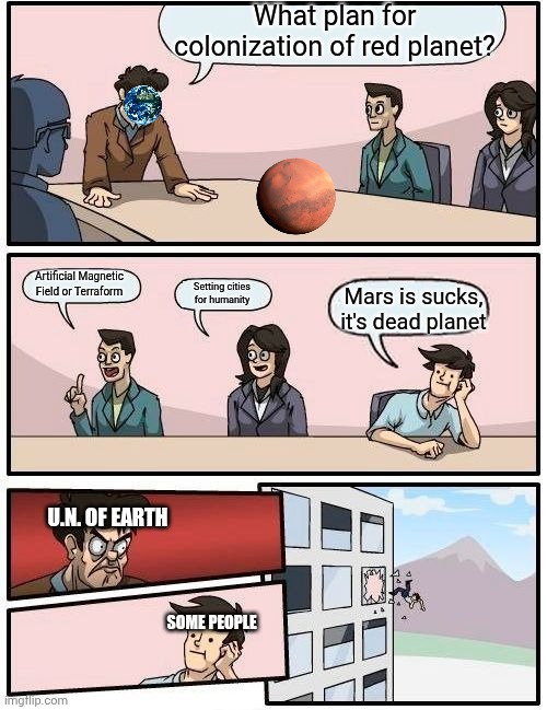 Mars is Another Earth, Right? | What plan for colonization of red planet? Artificial Magnetic Field or Terraform; Setting cities for humanity; Mars is sucks, it's dead planet; U.N. OF EARTH; SOME PEOPLE | image tagged in memes,boardroom meeting suggestion,earth,mars,nasa,spacex | made w/ Imgflip meme maker