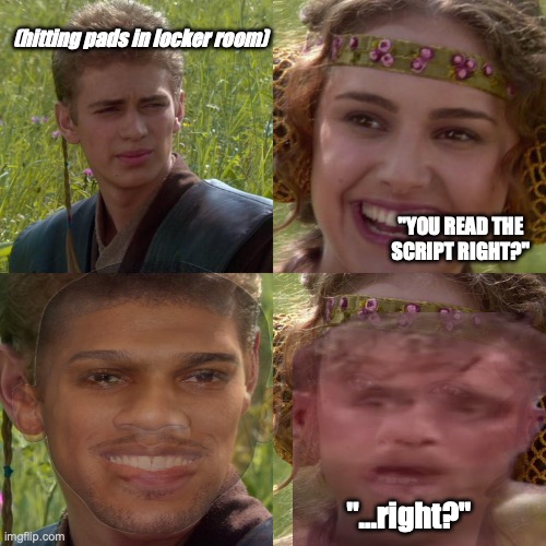 Anakin Padme 4 Panel | (hitting pads in locker room); "YOU READ THE SCRIPT RIGHT?"; "...right?" | image tagged in anakin padme 4 panel | made w/ Imgflip meme maker