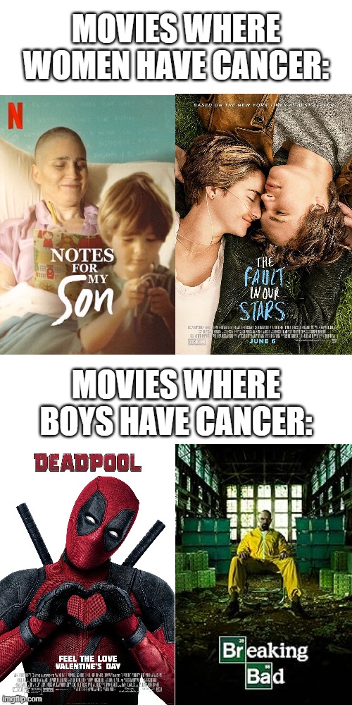 Just pretend Breaking Bad is a movie | MOVIES WHERE WOMEN HAVE CANCER:; MOVIES WHERE BOYS HAVE CANCER: | image tagged in cancer,lol so funny,deadpool,boys vs girls,breaking bad,vs | made w/ Imgflip meme maker