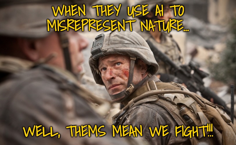 WHEN THEY USE AI TO MISREPRESENT NATURE... WELL, THEMS MEAN WE FIGHT!!! | image tagged in soldiers | made w/ Imgflip meme maker
