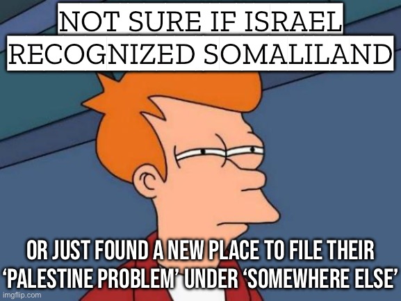 NOT SURE IF ISRAEL RECOGNIZED SOMALILAND; OR JUST UNLOCKED A NEW DLC CALLED ‘PALISTINE RELOCATION SIMULATOR’ | NOT SURE IF ISRAEL RECOGNIZED SOMALILAND; OR JUST FOUND A NEW PLACE TO FILE THEIR ‘PALESTINE PROBLEM’ UNDER ‘SOMEWHERE ELSE’ | image tagged in memes,futurama fry,dlc,palestine,deportation,genocide | made w/ Imgflip meme maker