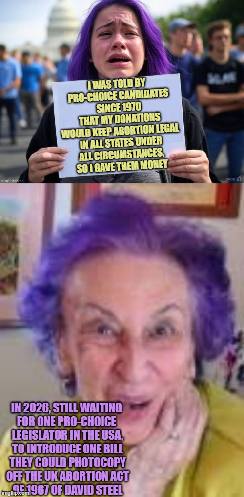 If it Ain't Broke, Don't Fix It... Keep throwing $$$ at Empty Promise Candidates, U ignorant "Bee-Yatchz" | I WAS TOLD BY 
PRO-CHOICE CANDIDATES
SINCE 1970
THAT MY DONATIONS
WOULD KEEP ABORTION LEGAL
IN ALL STATES UNDER
ALL CIRCUMSTANCES,
SO I GAVE THEM MONEY; IN 2026, STILL WAITING 
FOR ONE PRO-CHOICE 
LEGISLATOR IN THE USA,
TO INTRODUCE ONE BILL
THEY COULD PHOTOCOPY
OFF THE UK ABORTION ACT
OF 1967 OF DAVID STEEL | image tagged in pro choice,abortion,womens march,retarded liberal protesters,democrat party,crying democrats | made w/ Imgflip meme maker