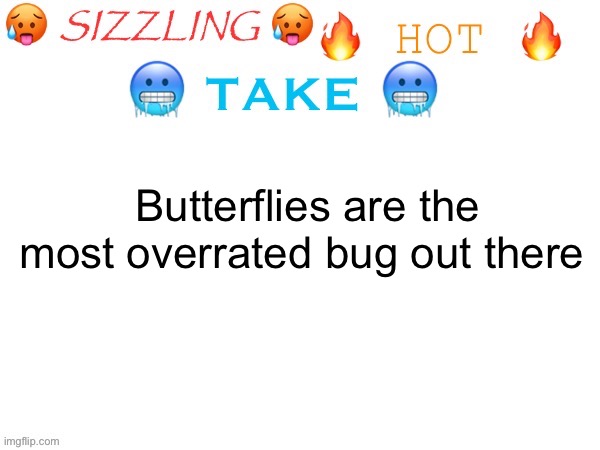 Just a flying glass pice, will break if you touch it | Butterflies are the most overrated bug out there | image tagged in sizzling hot take,msmg | made w/ Imgflip meme maker