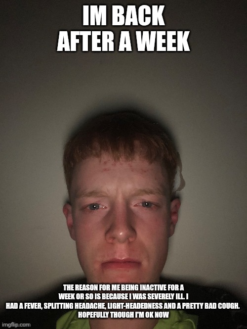 Blank stare | IM BACK AFTER A WEEK; THE REASON FOR ME BEING INACTIVE FOR A WEEK OR SO IS BECAUSE I WAS SEVERELY ILL. I HAD A FEVER, SPLITTING HEADACHE, LIGHT-HEADEDNESS AND A PRETTY BAD COUGH. 
HOPEFULLY THOUGH I'M OK NOW | image tagged in blank stare | made w/ Imgflip meme maker