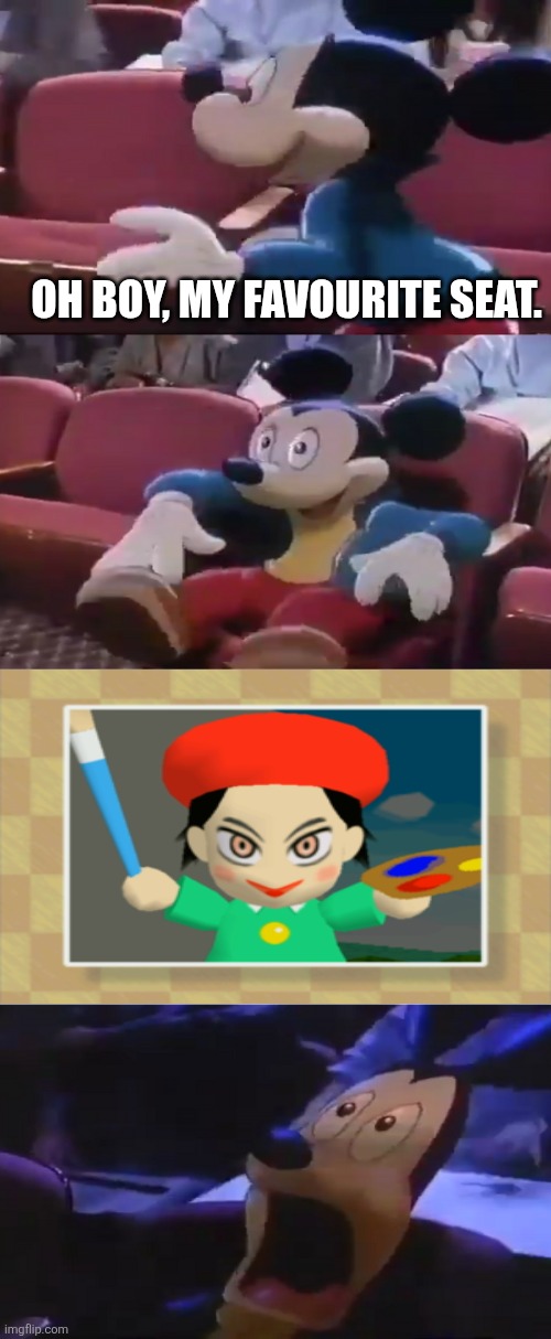 Poor Mickey gets scared by Adeleine who has been possessed by Dark Matter from Kirby 64: The Crystal Shards | OH BOY, MY FAVOURITE SEAT. | image tagged in oh boy my favorite seat,mickey mouse,kirby,adeleine,nightmare fuel,scared | made w/ Imgflip meme maker