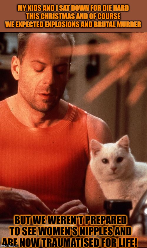 This #lolcat wonders why Americans are more scared by nipples than by bullets | MY KIDS AND I SAT DOWN FOR DIE HARD 

THIS CHRISTMAS AND OF COURSE 
WE EXPECTED EXPLOSIONS AND BRUTAL MURDER; BUT WE WEREN'T PREPARED TO SEE WOMEN'S NIPPLES AND ARE NOW TRAUMATISED FOR LIFE! | image tagged in bruce willis,die hard,lolcat,violence,nipples | made w/ Imgflip meme maker