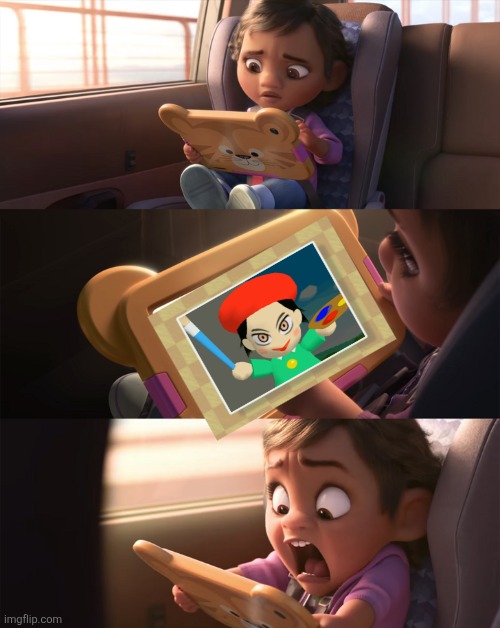 Poor kid gets scared by evil Adeleine as she has been possessed by Dark Matter from Kirby 64: The Crystal Shards | image tagged in wreck it ralph 2,adeleine,kirby,kirby 64 the crystal shards,n64,nightmare fuel | made w/ Imgflip meme maker