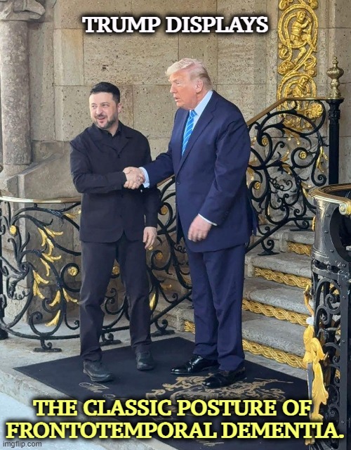 TRUMP DISPLAYS; THE CLASSIC POSTURE OF 
FRONTOTEMPORAL DEMENTIA. | image tagged in zelensky,trump,frontotemporal dementia,senile | made w/ Imgflip meme maker