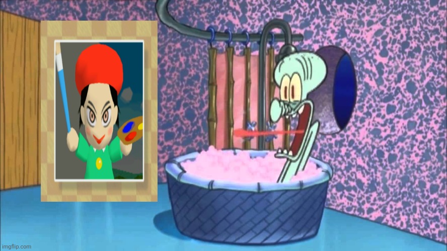 Adeleine with her creepy possessed face who dropped by Squidward's house | image tagged in who dropped by squidward's house,adeleine,kirby,nightmare fuel,n64 | made w/ Imgflip meme maker