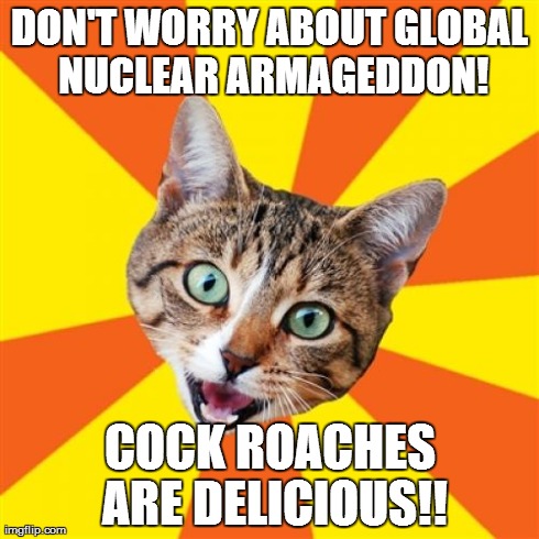 Bad Advice Cat Meme | DON'T WORRY ABOUT GLOBAL NUCLEAR ARMAGEDDON! COCK ROACHES ARE DELICIOUS!! | image tagged in memes,bad advice cat | made w/ Imgflip meme maker