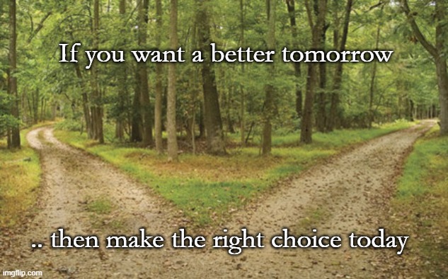 Fork in the road | If you want a better tomorrow; .. then make the right choice today | image tagged in fork in the road | made w/ Imgflip meme maker