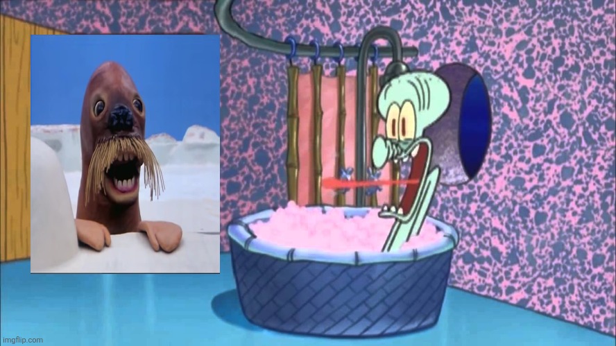 The creepy walrus who drops by Squidward's house and I think he wants to eat poor Squidward! | image tagged in who dropped by squidward's house,pingu,walrus,nightmare fuel | made w/ Imgflip meme maker