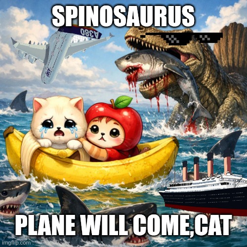Spinosauurus are good | SPINOSAURUS; PLANE WILL COME,CAT | image tagged in banana | made w/ Imgflip meme maker
