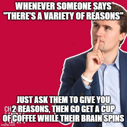 Charlie Kirk | WHENEVER SOMEONE SAYS "THERE'S A VARIETY OF REASONS" JUST ASK THEM TO GIVE YOU 2 REASONS, THEN GO GET A CUP OF COFFEE WHILE THEIR BRAIN SPIN | image tagged in charlie kirk | made w/ Imgflip meme maker