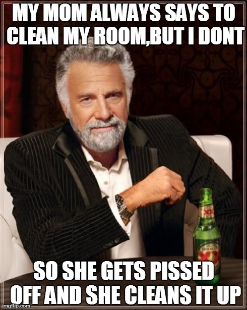 The Most Interesting Man In The World | MY MOM ALWAYS SAYS TO CLEAN MY ROOM,BUT I DONT SO SHE GETS PISSED OFF AND SHE CLEANS IT UP | image tagged in memes,the most interesting man in the world | made w/ Imgflip meme maker